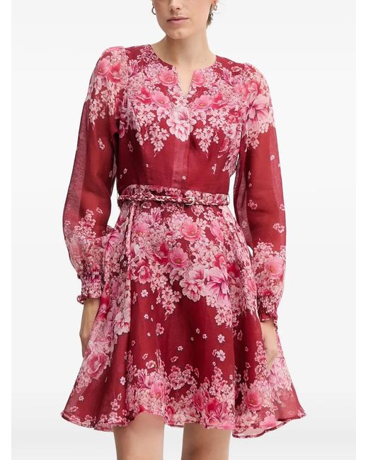 Hale Bob Red Violetta Floral-Print Belted Mini Dress