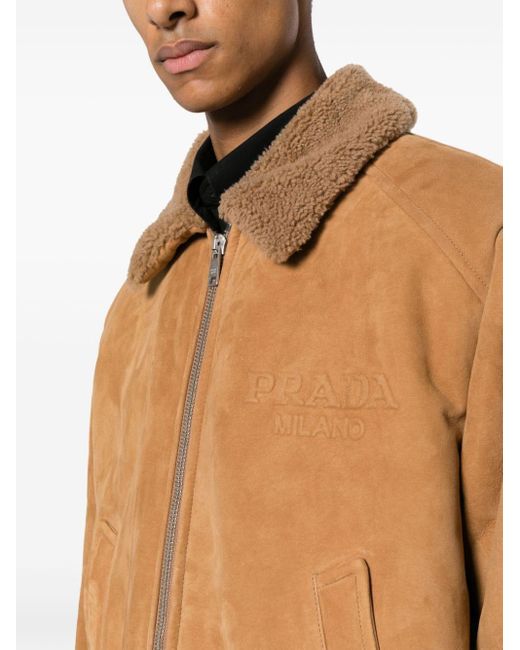 Prada Brown Debossed-logo Shearling-trim Suede Jacket for men