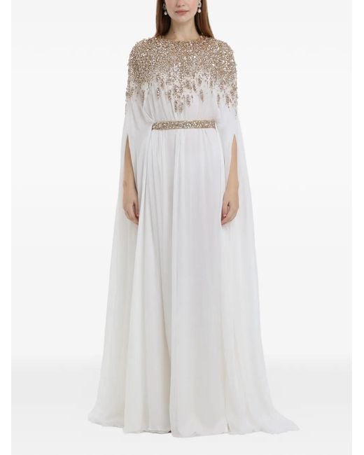 Dina Melwani Crystal-Embellished Cape-Sleeve Maxi Dress in White | Lyst