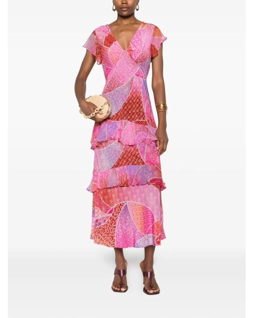 Rixo Pink Patchwork Ruffled Midi Dress