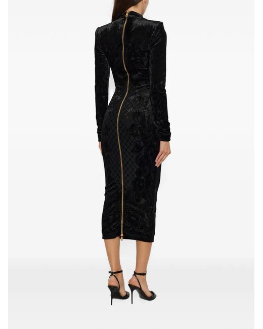 Balmain Black Velvet Patterned Midi Dress