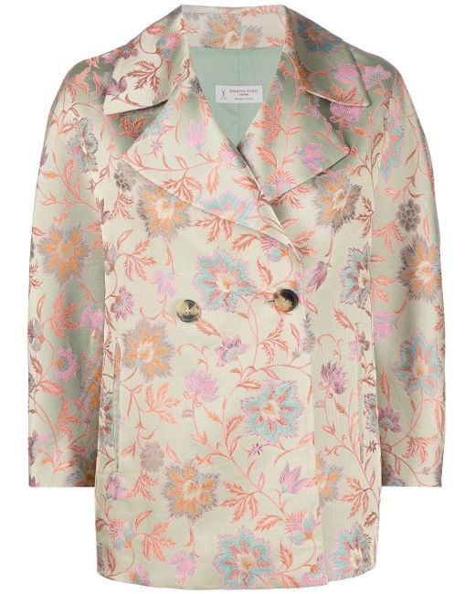 Alberto Biani Green Floral-jacquard Double-breasted Jacket