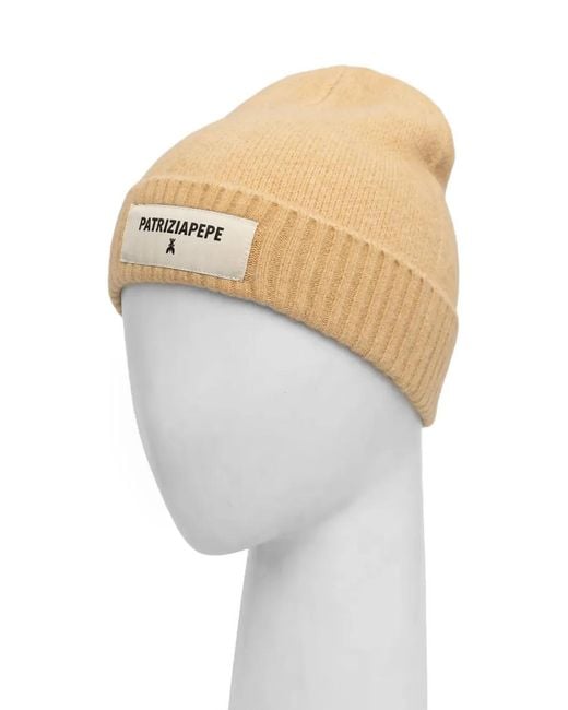 Patrizia Pepe Natural Ribbed Logo-Patch Beanie Hat