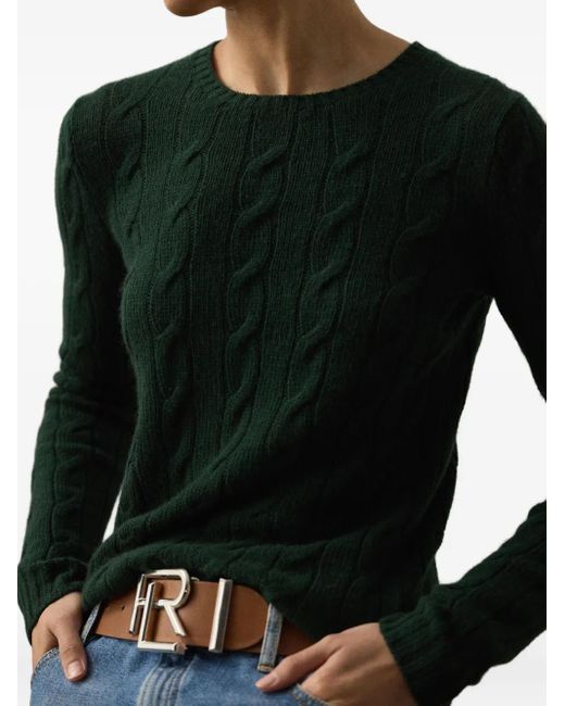 Ralph Lauren Green Classic Cable Knit Crewneck Sweater With Ribbed Details
