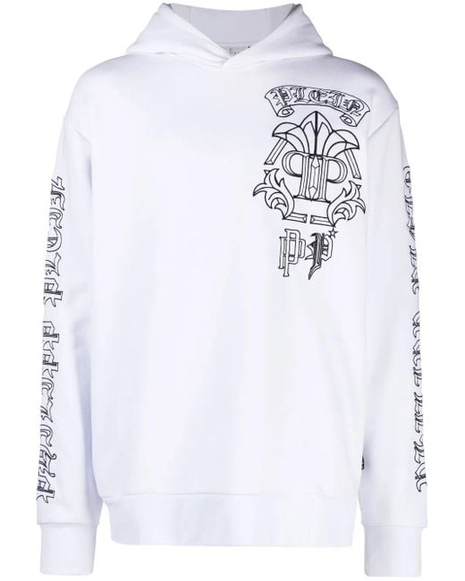 Philipp Plein White Skull-Print Logo-Embroidered Hoodie for men