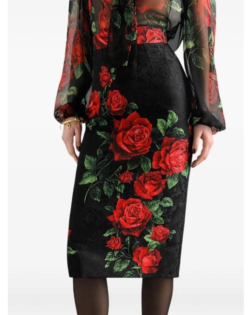 Dolce & Gabbana Red Rose-Print Brocade Skirt