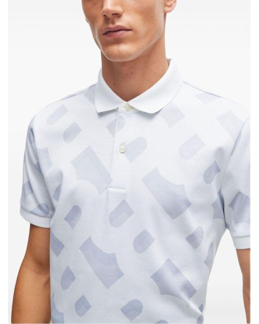 Boss White Monogram-Pattern Polo Shirt for men