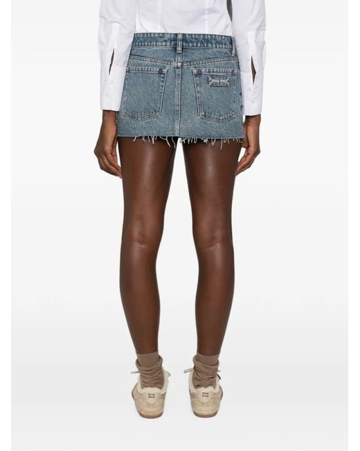 Miu Miu Blue Logo-Patch Frayed-Hem Mini Denim Skirt