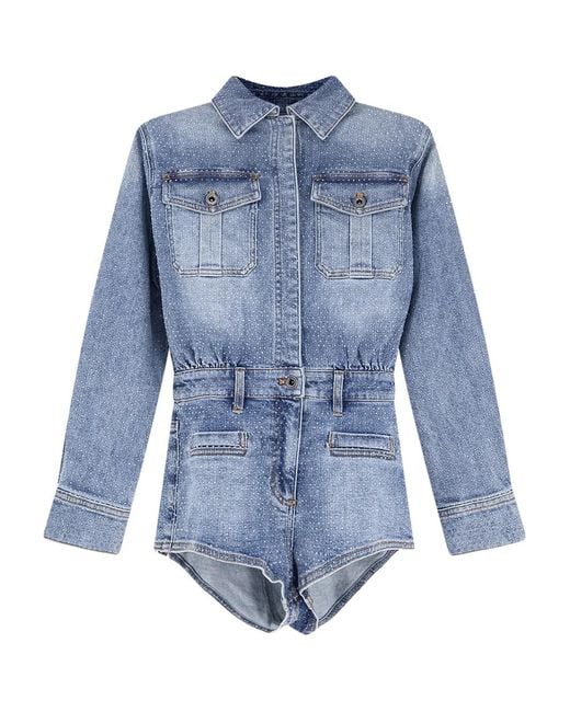 Self-Portrait Blue Rhinestone Denim Playsuit