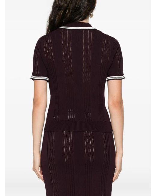 Casablanca Red Short-Sleeved Knit Polo With Vertical Open-Knit Stripes