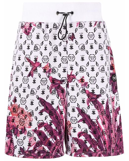 Philipp Plein Red Floral Logo Drawstring Shorts for men