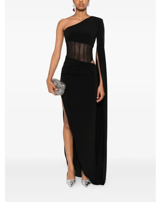 Nissa Black One-Shoulder Sheer-Insert Maxi Dress
