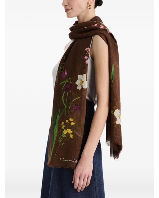 Oscar de la Renta Black Botanical-Print Frayed Scarf