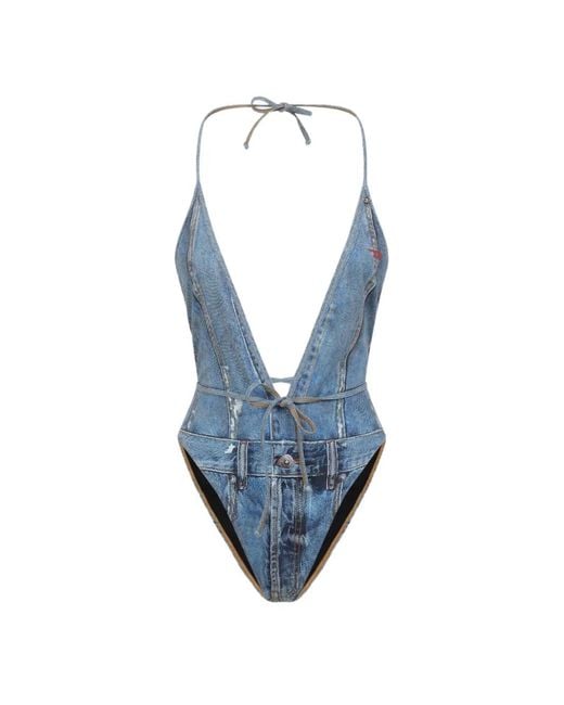 DIESEL Blue Plunging Swimsuit With Denim Trompe L'Oeil