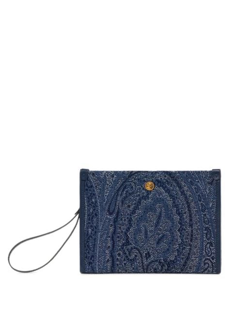 Etro Blue Pochette Moyenne En Denim Jacquard À Motif Paisley