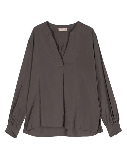 Blanca Vita Gray Band-Collar Long-Sleeves Blouse