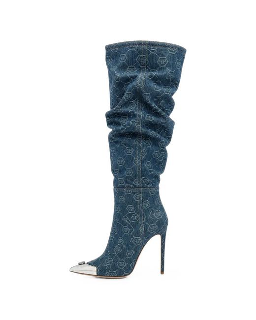 Philipp Plein Blue Denim Boots Hi-Heels Overknees Jacquard