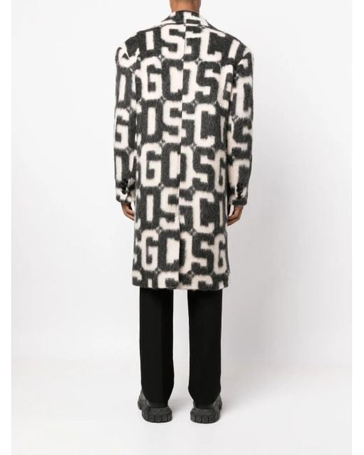 Gcds Black Monogram-Print Single-Breasted Coat for men