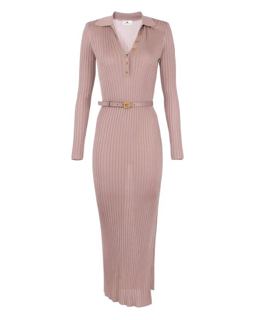 Elisabetta Franchi Pink Ribbed-Knit Polo Midi Dress