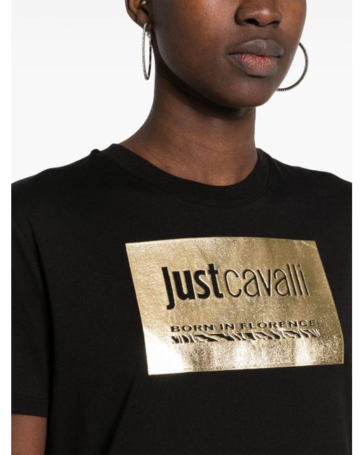 T-shirt en coton à logo métallisé Just Cavalli en coloris Black