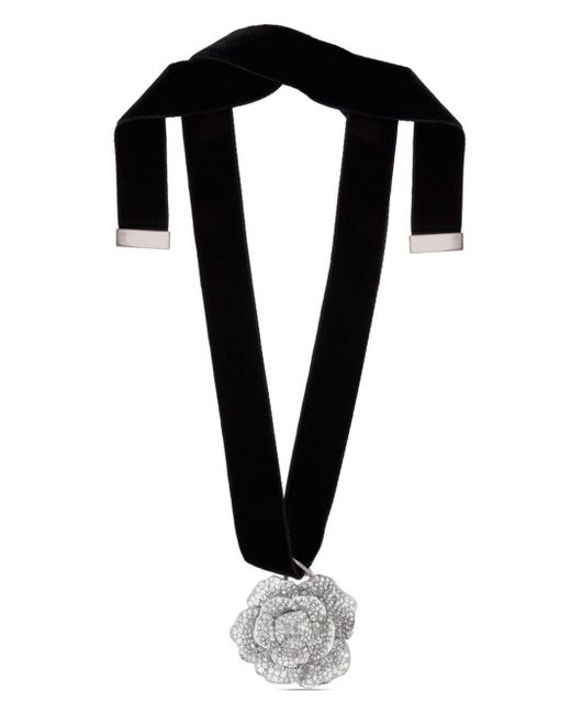 Oscar de la Renta Black Gardenia Pendant Velvet Necklace