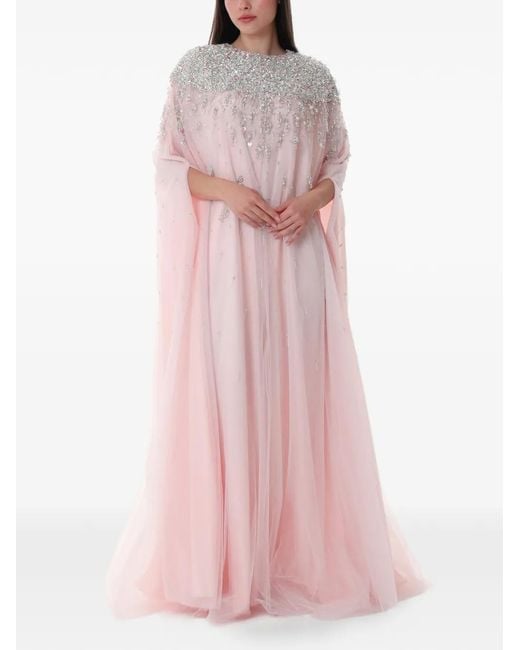 Dina Melwani Pink Crystal Tulle Maxi Kaftan