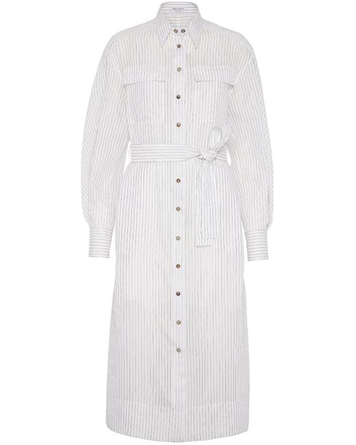 Brunello Cucinelli White Striped Shirt Midi Dress