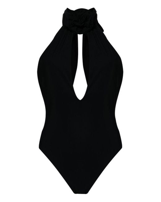 Magda Butrym Black Floral-appliqué Halterneck Swimsuit