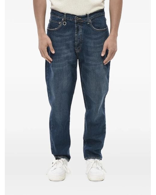 Paolo Pecora Blue Leather-Patch Whiskered Jeans for men
