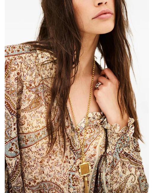 Ba&sh Natural Paisley-Print Smocked-Cuff Shirt