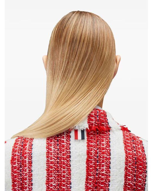 Thom Browne Red Ribbon Tweed Cropped Jacket With Fray Edge