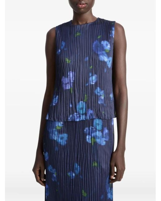 Vince Blue Pleated Floral-Print Top