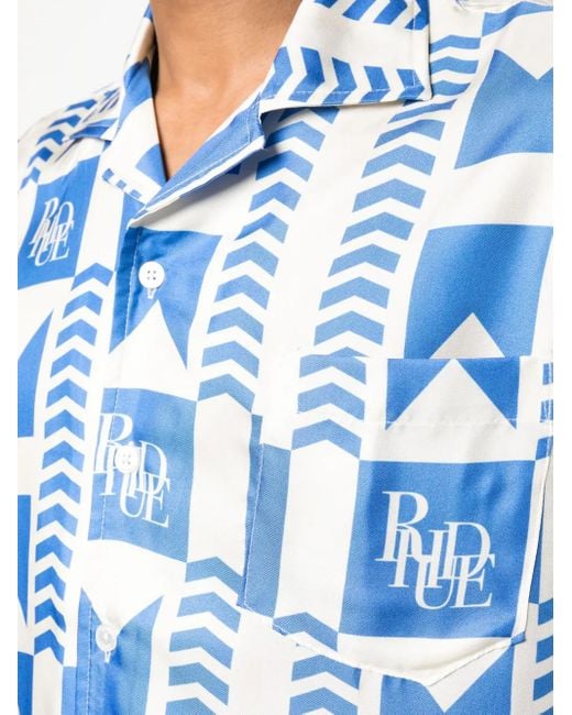 Rhude Blue Graphic-Print Silk Shirt for men