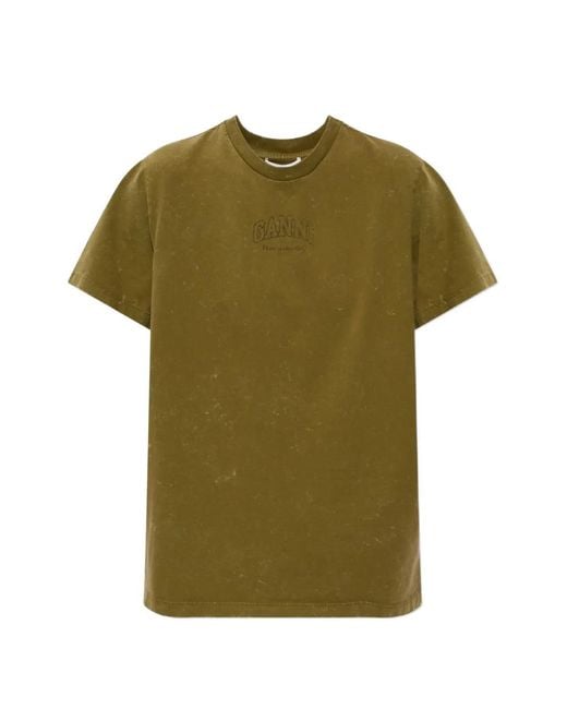 Ganni Green Logo-Print Washed T-Shirt