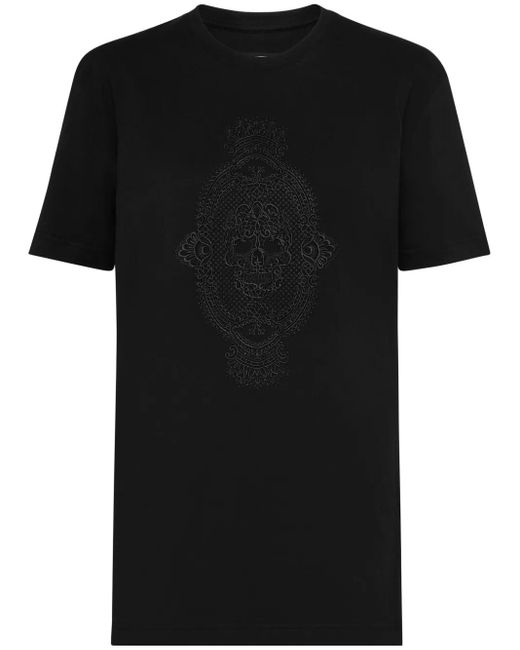 Philipp Plein Black Skull-Embroidered Cotton T-Shirt
