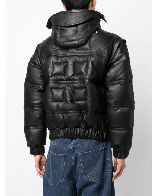 ROMEO HUNTE Black Pebbled-Texture Leather Puffer Jacket