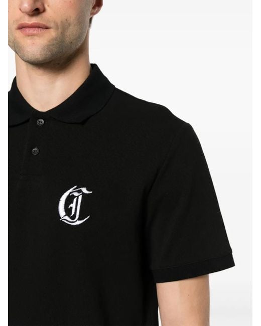 Just Cavalli Black Monogram-Embroidery Polo Shirt for men