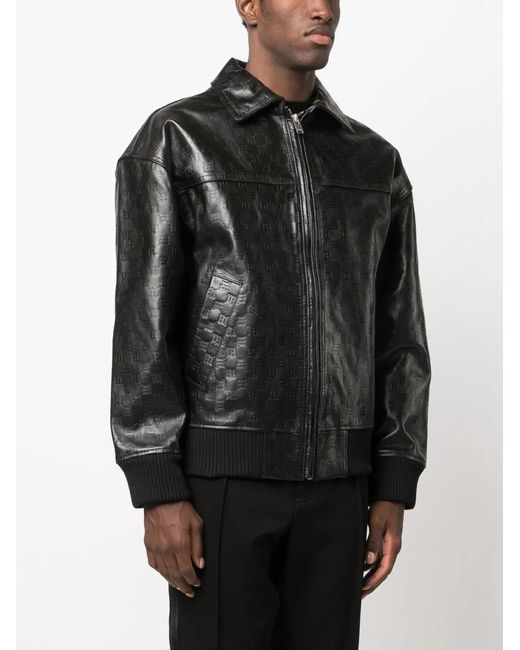M I S B H V Black Monogram-Jacquard Leather Jacket for men