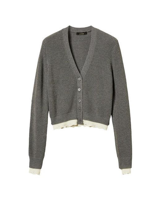 Twinset Gray Scalloped-Edge Ribbed Cardigan