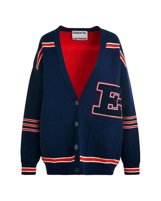 Essentiel Antwerp Blue Striped Letter-Appliqué Cardigan