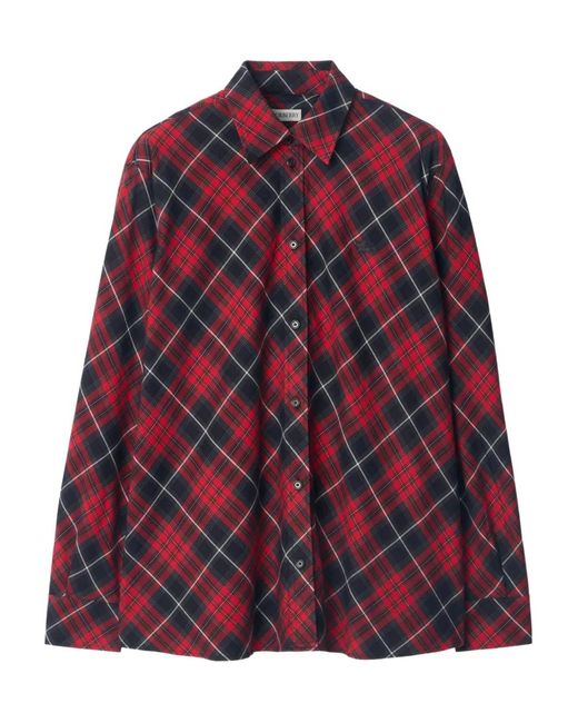 Burberry Red Relaxed Fit Check Cotton Flannel Shirt