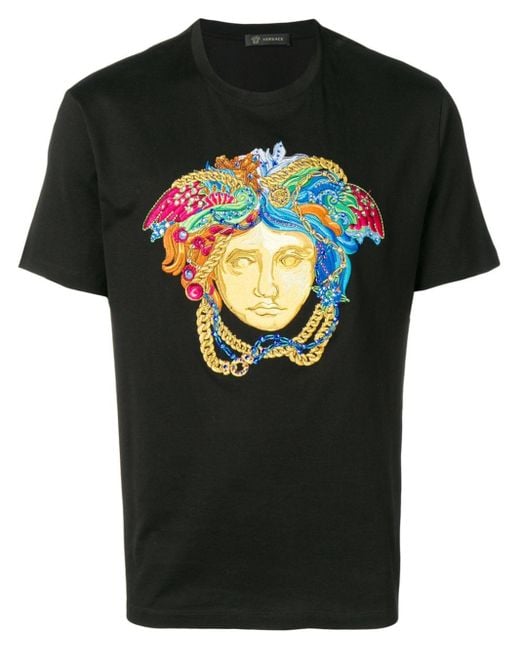 Versace Black Embellished Medusa Logo T-shirt for men