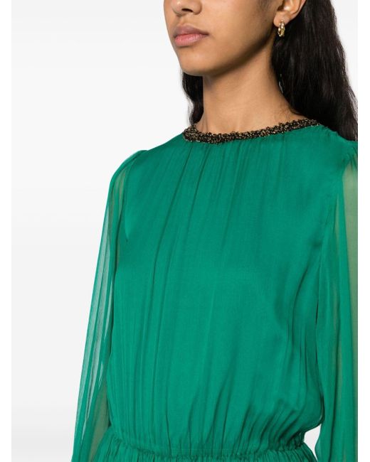 Nissa Green Bead-embellished Silk Midi Dress