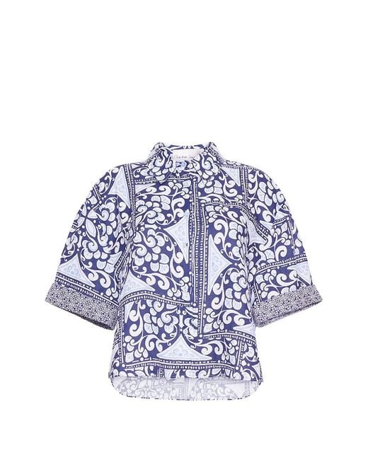 Cara Cara Blue Tile-Print Linen Top