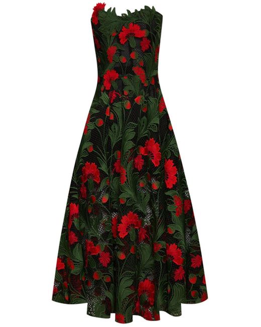 Oscar de la Renta Red Carnation-guipure Strapless Midi Dress