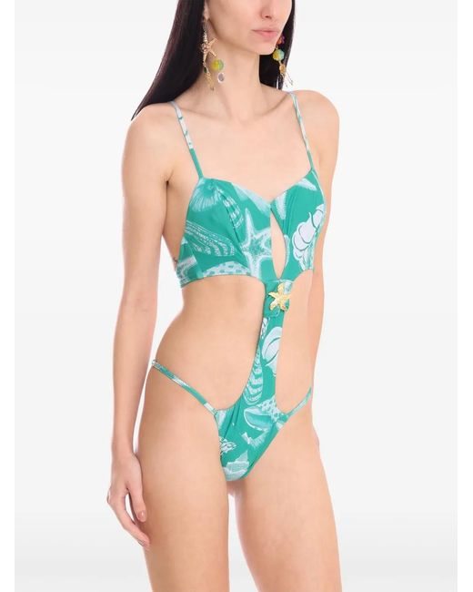 Amir Slama Green X Jade Picon Shell-Print Swimsuit