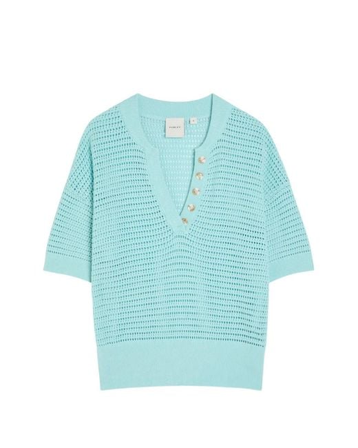 Varley Blue Callie Open-Knit Button-Detail Polo Shirt