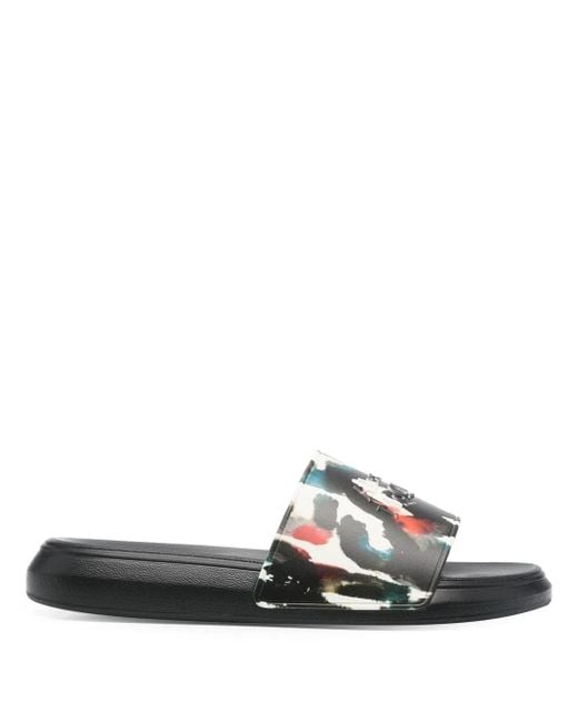 McQueen Black Graphic Logo Print Pool Slides for men