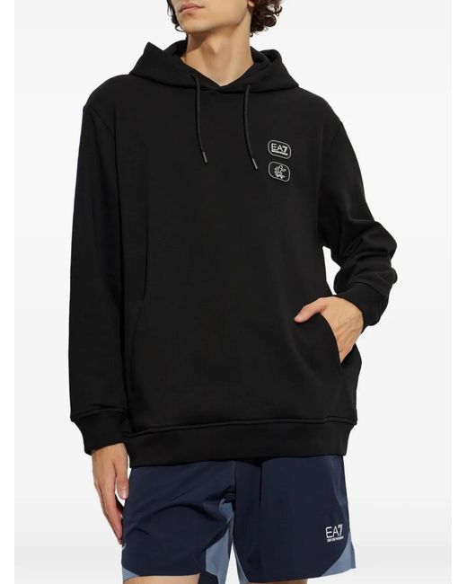 EA7 Black Logo-Patch Hoodie for men