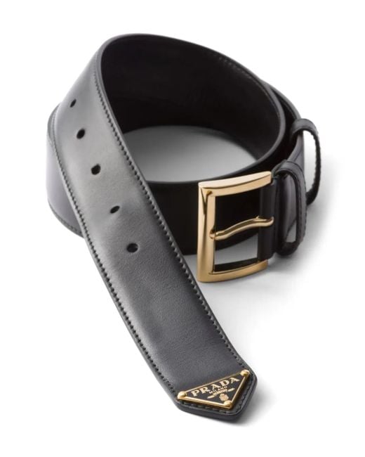 Prada Black Triangle-Logo Leather Belt